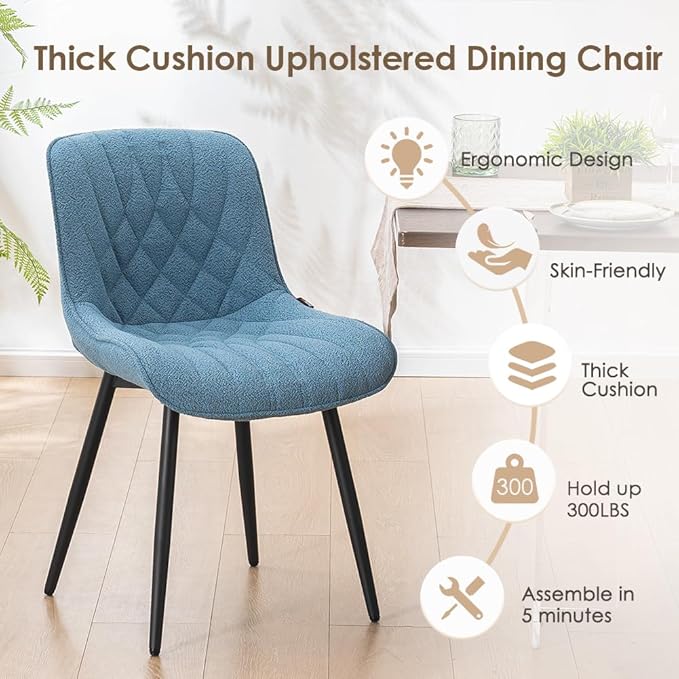 YOUNUOKE Comfortable Dining Chairs Set of 2, Mid-Century Modern Kitchen Dining Room Chairs, Upholstered Backrest Boucle Dining Chair with Black Metal, Sky Blue - LeafyLoom