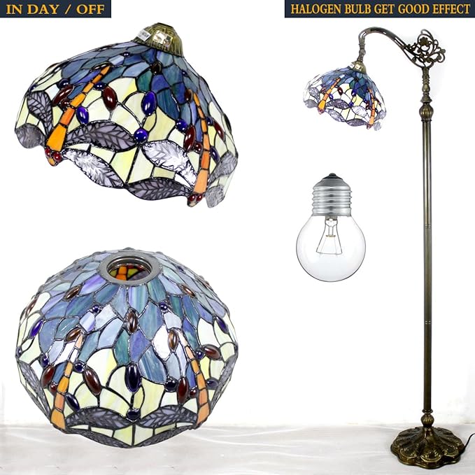 WERFACTORY Tiffany Floor Lamp Sea Blue Yellow Stained Glass Dragonfly Arch Lamp 12X18X64 Inch Gooseneck Adjustable Corner Stand Reading Light Decor Bedroom Living Room S128 Series - LeafyLoom