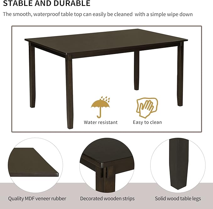 6-Piece Wooden Rectangular Dining Table Set with Bench and 4 Upholstered Chairs for Kitchen Living Room, Farmhouse Rustic Style, Espresso, 60''L x 36''W x 30''H - LeafyLoom