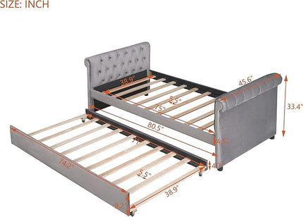 Twin Size Daybed with Trundle,Upholstered Sofa Bed W/Button & Nailhead Tufted Design Curved Armrests,Wood Slats Support,Bedframe for Bedroom Livingroom Small Space,No Box Spring Needed,Gray - LeafyLoom