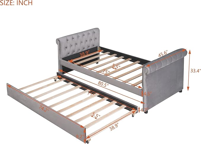Twin Size Daybed with Trundle,Upholstered Sofa Bed W/Button & Nailhead Tufted Design Curved Armrests,Wood Slats Support,Bedframe for Bedroom Livingroom Small Space,No Box Spring Needed,Gray - LeafyLoom