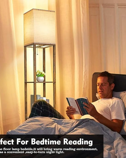 Floor Lamp with Shelves, Modern Standing Shelf Lamp with 3 CCT LED Bulb and White Shade for Living Room Bedroom and Office Deco-Brown - LeafyLoom