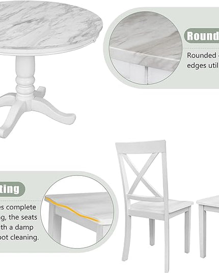 5-Piece Dining, Kitchen Set with Marble-Top Round Table and 4 Comfortable X Back Wood Chairs, Ensemble for Cozy Family Meals, White - LeafyLoom