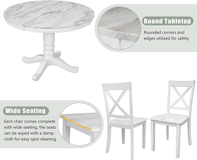 5-Piece Dining, Kitchen Set with Marble-Top Round Table and 4 Comfortable X Back Wood Chairs, Ensemble for Cozy Family Meals, White - LeafyLoom