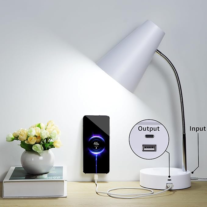 RUNTOP Desk Lamp, Desk Lamps for Home Office with 5 Color Modes 5 Brightness Dimmer Reading Light & USB Port, Type C port, 7W LED Table Lamp, 360° Flexible Gooseneck Lamp Light for Bed Bedside, White - LeafyLoom