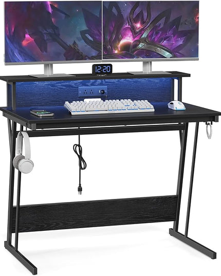 VASAGLE LED Gaming Desk with Power Outlets, Computer Desk with USB Ports, Office Desk with Monitor Stand for 2 Monitors, with Hooks, for Bedroom, 23.6 x 39.4 x 29.5 Inches Ebony Black ULWD091B56 - LeafyLoom