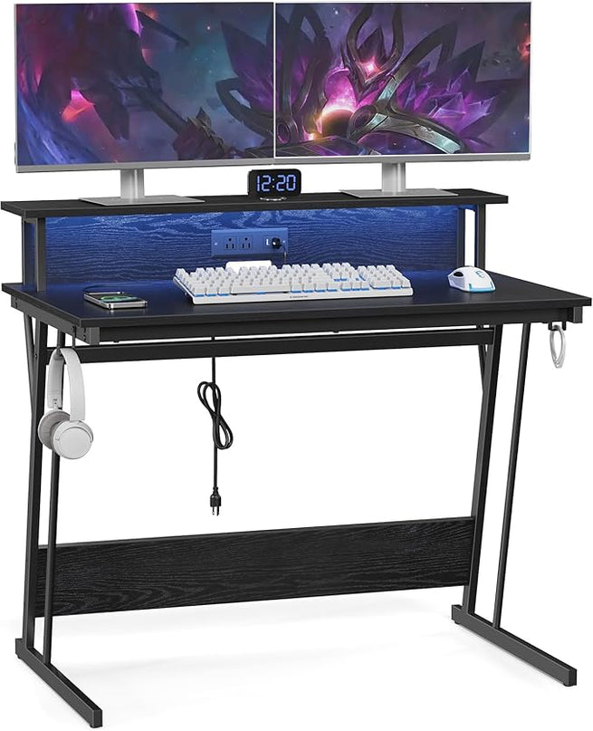 VASAGLE LED Gaming Desk with Power Outlets, Computer Desk with USB Ports, Office Desk with Monitor Stand for 2 Monitors, with Hooks, for Bedroom, 23.6 x 39.4 x 29.5 Inches Ebony Black ULWD091B56 - LeafyLoom