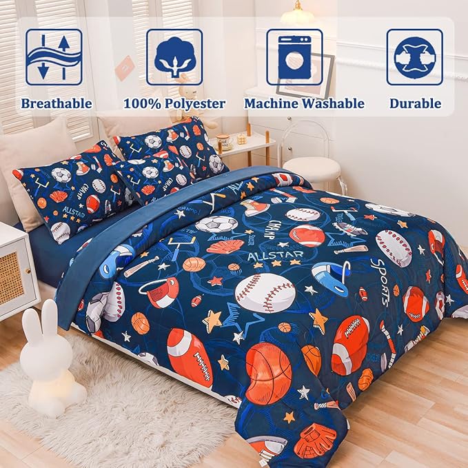 Sports Comforter Set with Sheet, 6 Pcs Bed in A Bag Twin Size Soccer Basketball Baseball Football Bedding Set for Boys Kids - LeafyLoom