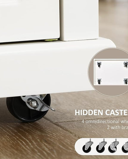 HOMCOM Rolling Kitchen Island Cart, Portable Serving Trolley Table with Drawer, Adjustable Shelf and 2 Towel Racks, Cream White - LeafyLoom