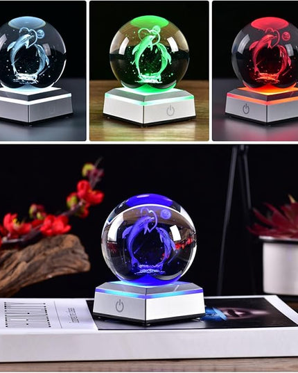 3D Crystal Ball Dolphin Model, with Led Lamp Stand, 3.15'' Dolphin Glass Ball Decor, Engraved Crystal Sphere with Gift Box, 6 Color Light, Romantic Gifts for Kids Friends Birthday - LeafyLoom