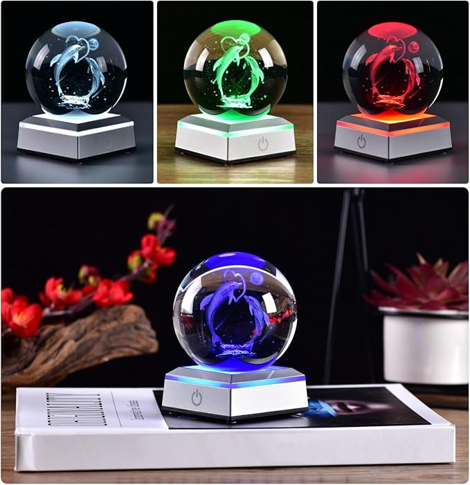 3D Crystal Ball Dolphin Model, with Led Lamp Stand, 3.15'' Dolphin Glass Ball Decor, Engraved Crystal Sphere with Gift Box, 6 Color Light, Romantic Gifts for Kids Friends Birthday - LeafyLoom