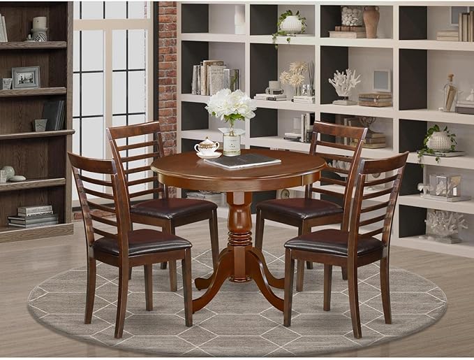 East West Furniture ANML5-MAH-LC 5 Piece Room Furniture Set Includes a Round Kitchen Table with Pedestal and 4 Faux Leather Upholstered Dining Chairs, 36x36 Inch, Mahogany - LeafyLoom