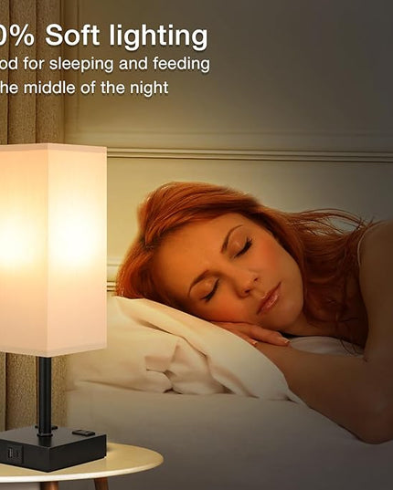 aooshine Black Base Gray Shade Set of 2 Touch Lamp with USB Port-Nightstand Lamp with USB-C+A Charge Ports& AC Outlets, 3-Way Dimmable Bedside Lamp, Small Table Lamp for Bedroom (Bulbs Included) - LeafyLoom