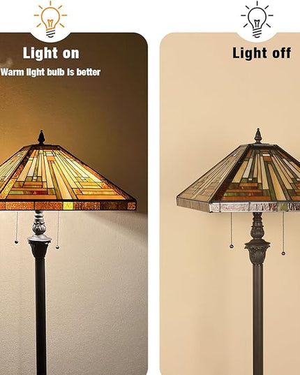 Capulina Tiffany Floor Lamp 2-Light 16X16X63 Inches Amber Brown Mission Antique Style Stained Glass Standing Reading Light for Living Room Bedroom Home Office - LeafyLoom