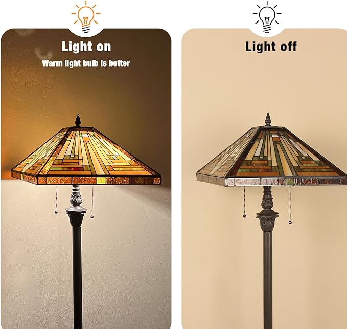 Capulina Tiffany Floor Lamp 2-Light 16X16X63 Inches Amber Brown Mission Antique Style Stained Glass Standing Reading Light for Living Room Bedroom Home Office - LeafyLoom