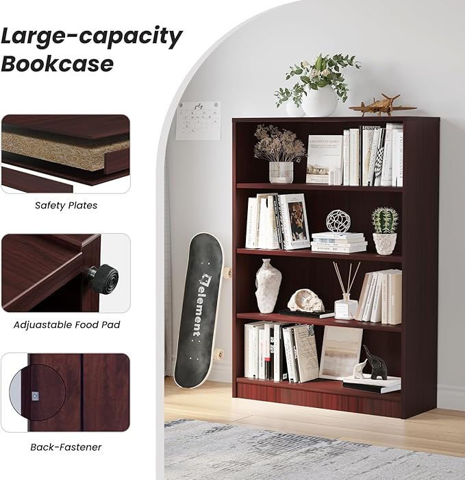 Farini 4 Shelf boockase Display Bookcase Freestanding Wooden Bookshelves for Home Office Living Room,48 Inch Height,Mahogany - LeafyLoom