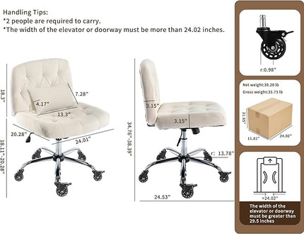Criss Cross Chair with Wheels, Comfy Fabric Cross Legged Office Chair for Adult, Armless Wide Seat Desk Chair with Lumbar Pillow,Swivel Vanity Chair for Home Office, Conference (Beige) - LeafyLoom