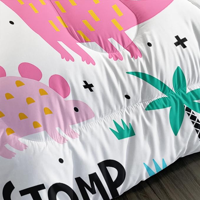Axolotl Girls Bedding Cartoon Dinosaur Comforter Set Queen Size,Cute Dinosaur Bedding Set for Girls Teens Kids Boys Adults Room Decor,Kids Comforter Set All Season,1 Quilt 2 Pillow Cases,White - LeafyLoom