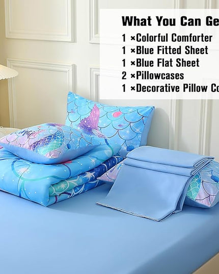 JQinHome Mermaid Comforter Set Twin Size, 6 Piece Mermaid Tail Bed in A Bag,3D Colorful Mermaid Bedding Set for Girls Kids, Sparkle Teal Bedroom Decor Bedding Set with Sheets (Blue) - LeafyLoom
