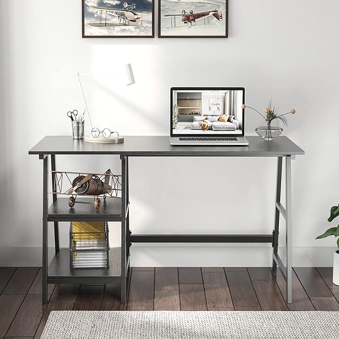 sogesfurniture 47 inches Writing Computer Study Desk with 2 Tier Storage Shelves on Left or Right Side, Trestle Desk, Home Office Study Desk,Black - LeafyLoom