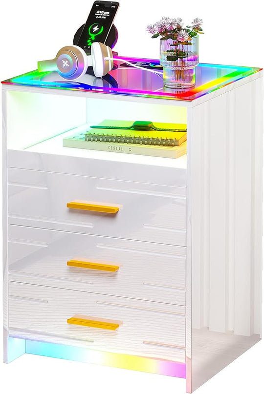 HNEBC High Gloss Nightstand with Wireless Charging Station, Smart Night Stand with RGB Dynamic Lighting, Modern Bed Side Table with Drawers Sliding Tray, Glass Tabletop, Motion Sensor Lights(C White) - LeafyLoom