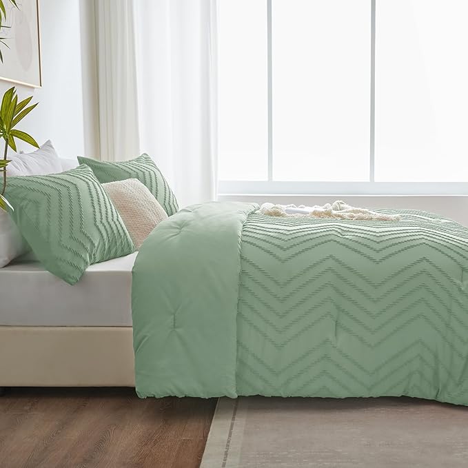 CozyLux Queen Comforter Set Sage Green - 3 Pieces Boho Tufted Shabby Chic Bedding Comforter Set for All Seasons, Chevron Bedding Sets with Comforter & 2 Pillow Shams - LeafyLoom