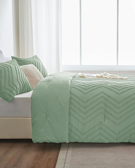 CozyLux King Size Comforter Set Sage Green - 3 Pieces Boho Tufted Shabby Chic Bedding Comforter Set for All Seasons, Chevron Bedding Sets with Comforter & 2 Pillow Shams - LeafyLoom