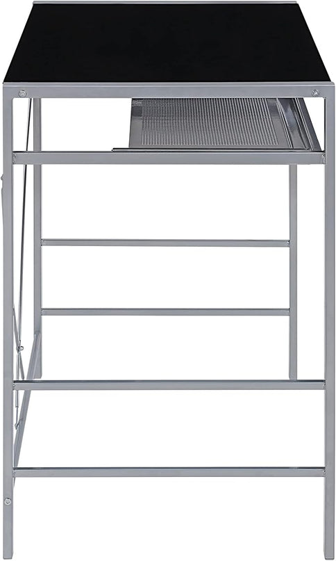 OSP Home Furnishings Zephyr Computer Desk with Keyboard Shelf and Tempered Glass Top, Black Glass and Silver Frame - LeafyLoom