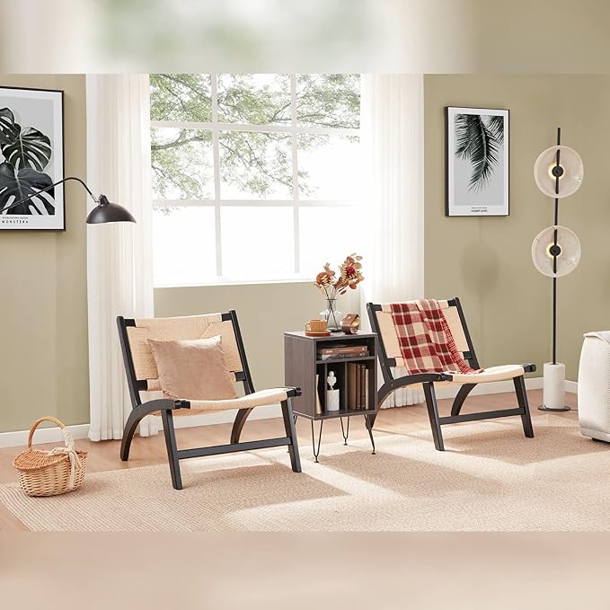 Modern Boho Accent Chairs for Living Room,Mid Century Lounge Chair,Side Chair Indoor Scandinavian Cognac Natural Wood Beech Braided Jute Woven Weave Paper Rope Seat Accent Chair - LeafyLoom
