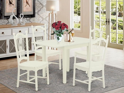 East West Furniture NDDO5-LWH-W Norden 5 Piece Room Set Includes a Rectangle Dining Table with Dropleaf and 4 Wood Seat Chairs, 30x48 Inch, Linen White - LeafyLoom