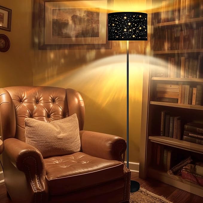 Black Floor Lamps for Living Room Bedroom, Bright Modern Standing Lamp with LED Bulb(6W Bulb), Black Star Lamp Shade, 59" Tall, Footswitch, Simple Reading Floor Lamps Corner Lamp for Office/Den - LeafyLoom