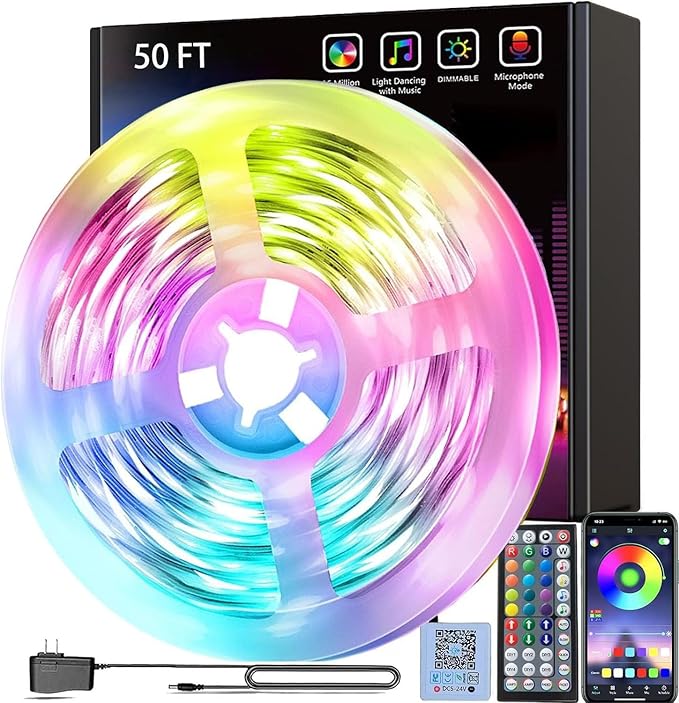 smareal 50ft Led Lights for Bedroom, Led Strip Lights Color Changing Led Lights with 44 Key IR Remote, Led Light Strips for Bedroom Party Home Decoration SmarealLEDStripLights