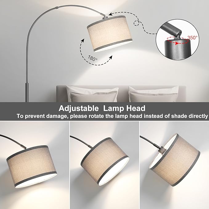 Arc Floor Lamp, Modern Floor Lamp for Living Room with Adjustable Lamp Head, Tall Pole Lamp with Gray Lampsahde and On/Off Pedal Switch, Over Couch Reading Light for Bedroom, Office, Study Room - LeafyLoom