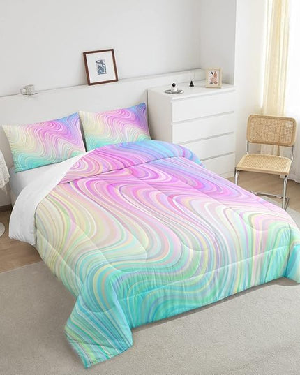 Pastel Rainbow Comforter Set with Pillowcases Abstract Wave Stripes 3D Printed Designs 3 Piece Bedroom Duvet Set Psychedelic Girl Bed Down Comforter for Kids Women Dorm Room (King,Coulourful Marble) - LeafyLoom