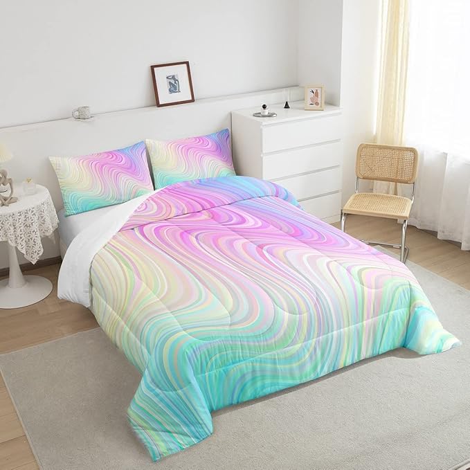 Pastel Rainbow Comforter Set with Pillowcases Abstract Wave Stripes 3D Printed Designs 3 Piece Bedroom Duvet Set Psychedelic Girl Bed Down Comforter for Kids Women Dorm Room (King,Coulourful Marble) - LeafyLoom