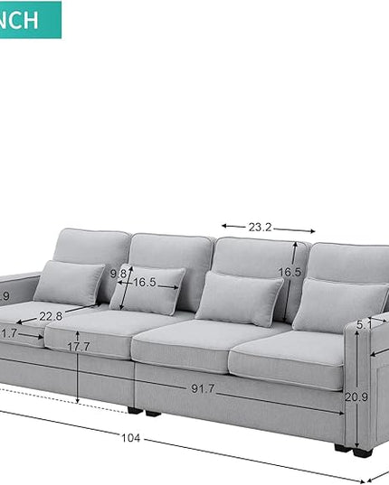 104" Modern Sofa, 4-seat Couch with Armrest Pockets and 4 Pillows for Living Room, Apartment, 104inch, Light Gray - LeafyLoom