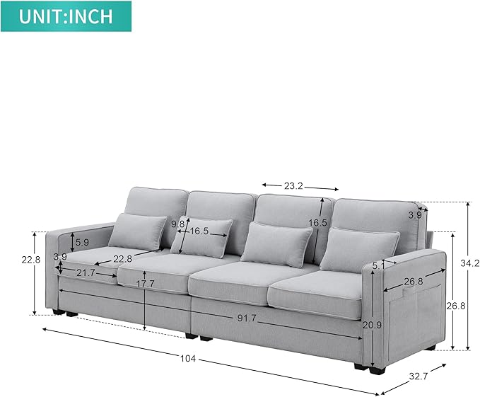 104" Modern Sofa, 4-seat Couch with Armrest Pockets and 4 Pillows for Living Room, Apartment, 104inch, Light Gray - LeafyLoom