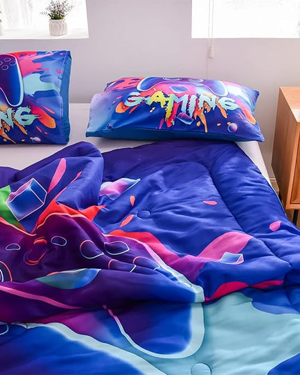 Aimuan Gaming Comforter Sets for Boys Kids Bedding Sets Video Games Console Action Buttons Novelty Colorful Game Gamepad Controller Modern Gamer Room Decor Home Quilt Set (Full, Purple) - LeafyLoom