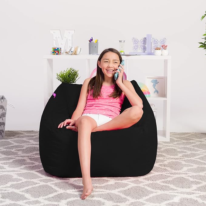 Posh Creations Structured Comfy Bean Bag Chair for Gaming, Reading, and Watching TV, Coronado Chair, Microsuede - Black - LeafyLoom