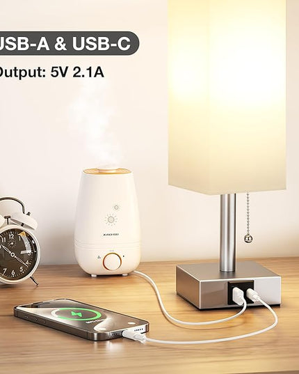 White Small Lamp for Bedroom - 3 Color Temperature 3000K 5000K 4000K Bedside Lamp, Pull Chain Control, USB A and C Charging Ports, Silver Base, for Kids Office Dorm nightstand, Bulb Included - LeafyLoom