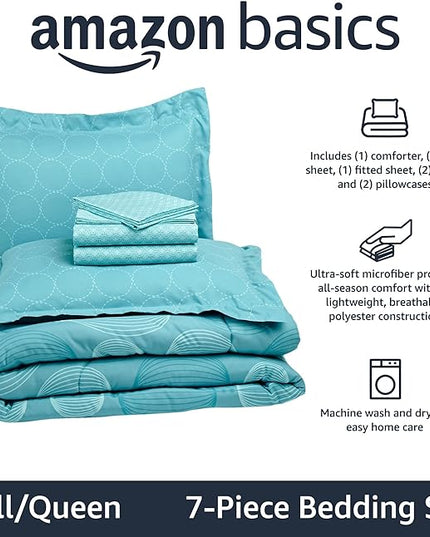Amazon Basics Lightweight Microfiber Bed-in-a-Bag Comforter 7-Piece Bedding Set, Full/Queen, Industrial Teal, Geometric - LeafyLoom