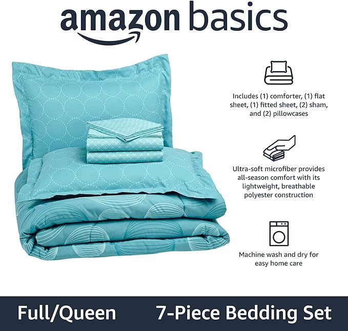 Amazon Basics Lightweight Microfiber Bed-in-a-Bag Comforter 7-Piece Bedding Set, Full/Queen, Industrial Teal, Geometric - LeafyLoom