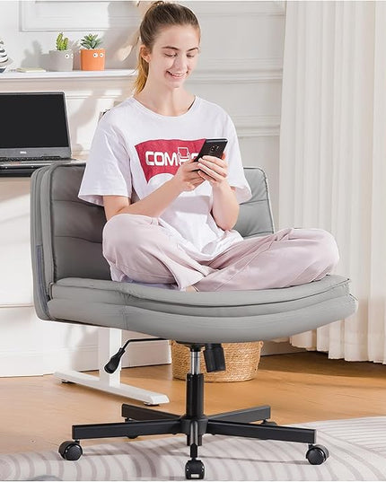COMHOMA Criss Cross Chair with Wheels, Armless Wide Cross Legged Office Chair Mid Back, Modern Home Office Desk Chair Swivel Adjustable Vanity Computer Chair, Gray - LeafyLoom