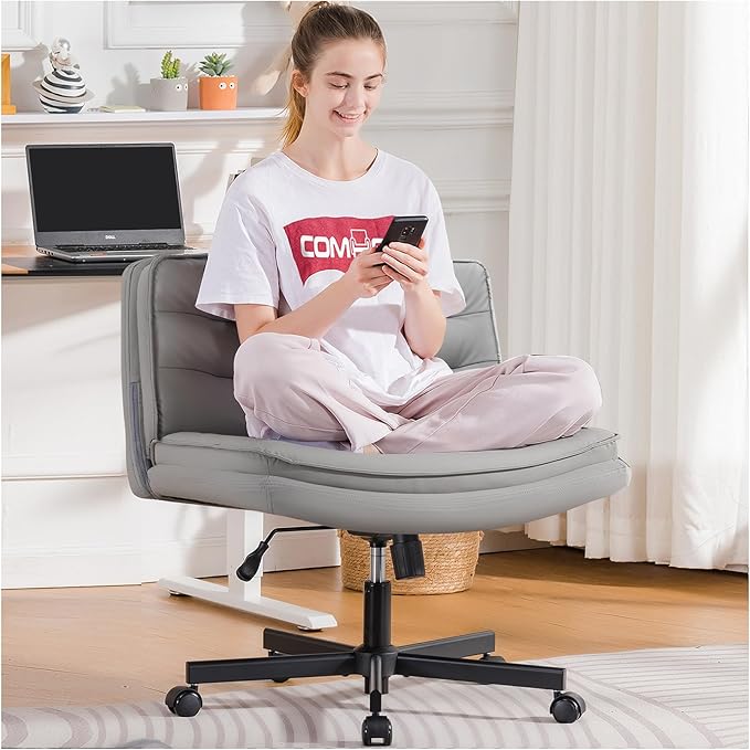COMHOMA Criss Cross Chair with Wheels, Armless Wide Cross Legged Office Chair Mid Back, Modern Home Office Desk Chair Swivel Adjustable Vanity Computer Chair, Gray - LeafyLoom