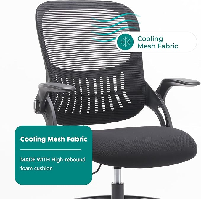 SMUG Drafting Chair, Tall Office Chair Tall Standing Desk Chair Counter Height Adjustable Office Chair with Flip-up Arms, Mid Back Mesh Office Drafting Chairs, Black - LeafyLoom