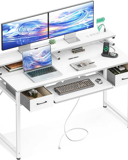 ODK White Computer Desk with Drawers, 48 Inch Office Desk with Power Outlet, PC Desk with Keyboard Tray, Study Table Work Desk with Monitor Shelf, Writing Desk for Home Office, White - LeafyLoom