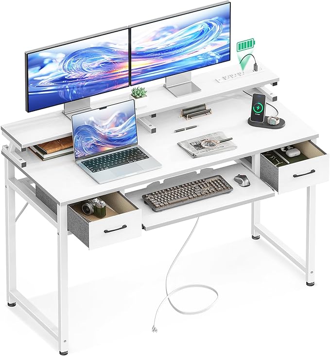 ODK White Computer Desk with Drawers, 48 Inch Office Desk with Power Outlet, PC Desk with Keyboard Tray, Study Table Work Desk with Monitor Shelf, Writing Desk for Home Office, White - LeafyLoom