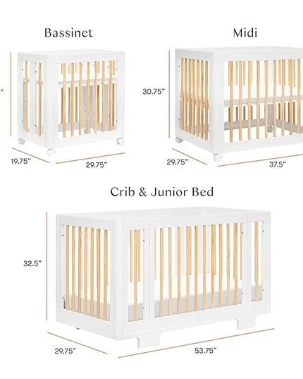 Babyletto Yuzu Convertible All-Stages Bassinet, Midi, Full-Size Crib in White with Natural, Greenguard Gold Certified, Portable & Adjustable with Conversion Kits and Pads Included - LeafyLoom