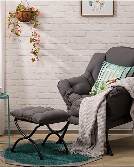 HollyHOME Fabric Lazy Chair with Foldable Ottoman, Accent Comfy Lounge Arm Chair and Folding Footrest Stool Set, Leisure Sofa Reading Chair and Footstool for Living Room, Bedroom, Dorm, Dark Grey - LeafyLoom