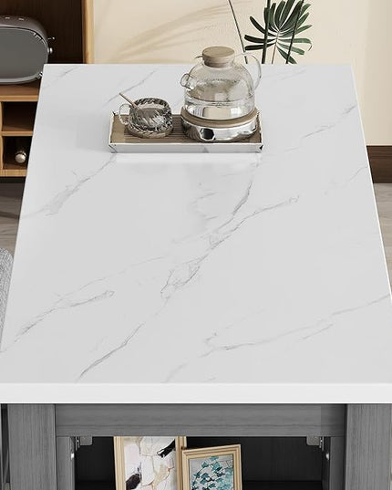 5-Piece Wooden Counter Height Dining Table Set with Faux Marble Veneer and Built-in Storage Shelves, 2 Upholstered Chairs and 2 Barstools, for Kitchen, Breakfast Nook, Bar, Living Room, Gray - LeafyLoom